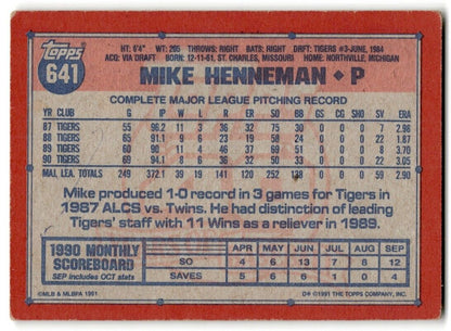 1991 Topps Mike Henneman Detroit Tigers #641