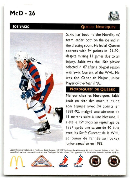 1992-93 Upper Deck McDonald's All-Stars Joe Sakic Quebec Nordiques #MCD-26