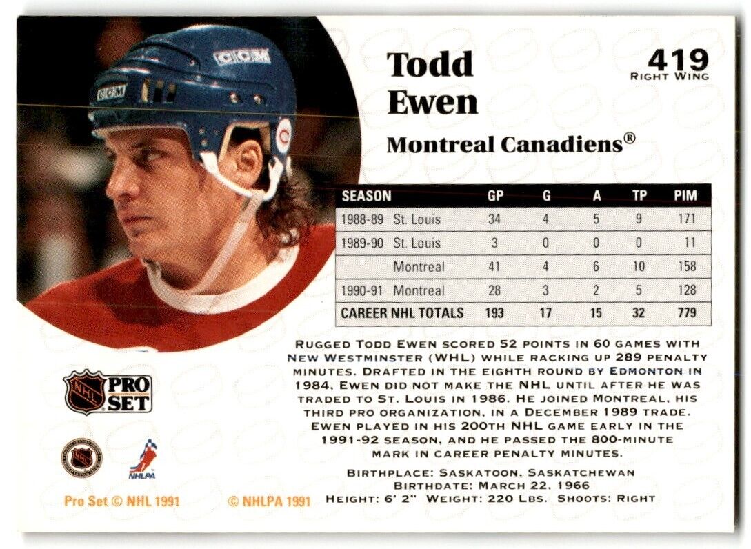 1991-92 Pro Set Todd Ewen Montreal Canadiens #419