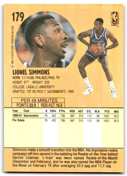 1991-92 Fleer Lionel Simmons Sacramento Kings #179