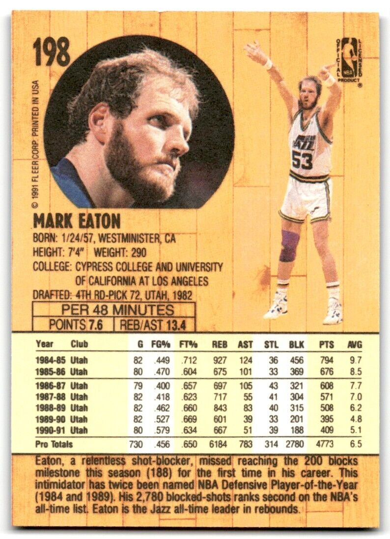 1991-92 Fleer Mark Eaton Utah Jazz #198