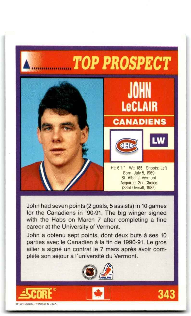 1991-92 Score Canadian John LeClair Rookie Montreal Canadiens #343