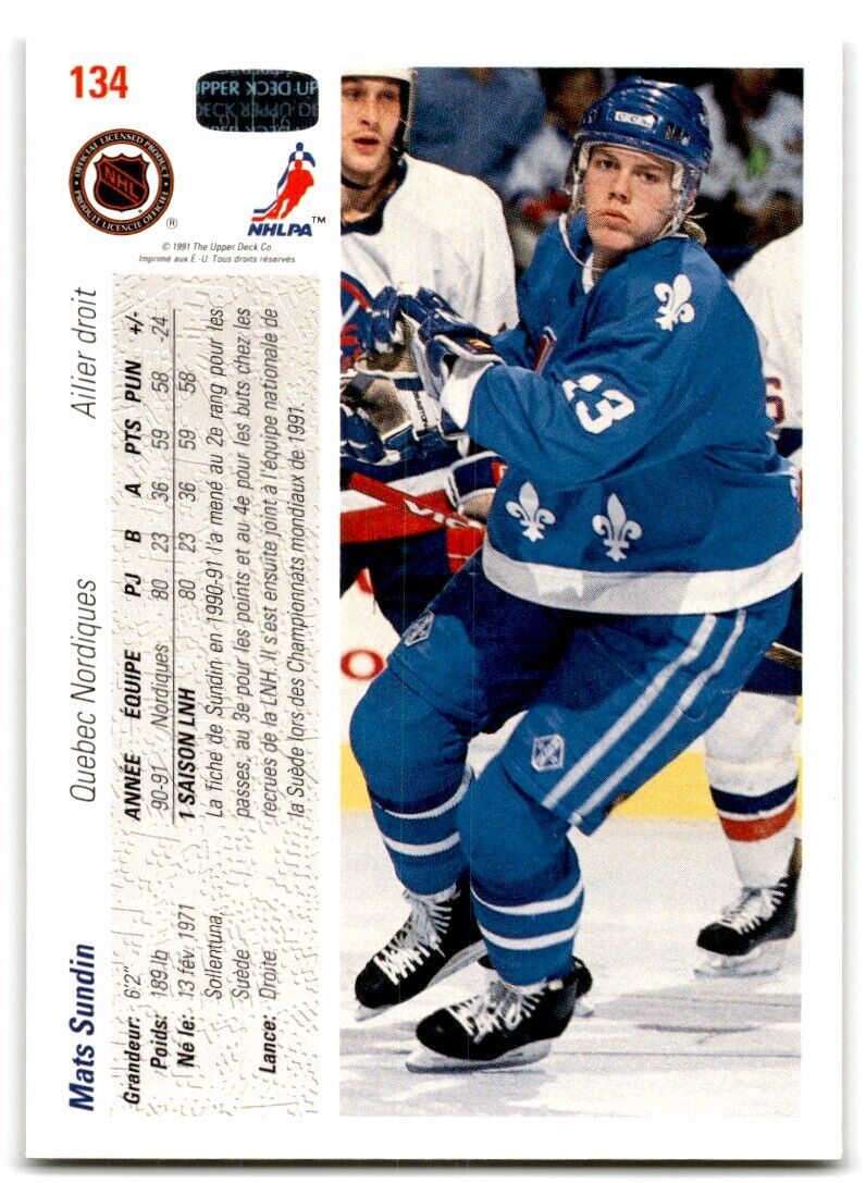 1991-92 Upper Deck French Mats Sundin Quebec Nordiques #134