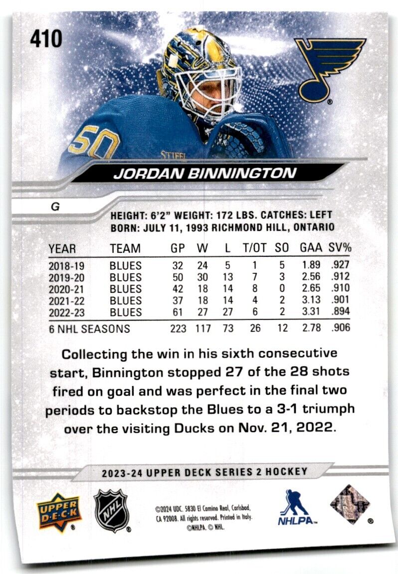 2023-24 Upper Deck Jordan Binnington St. Louis Blues #410