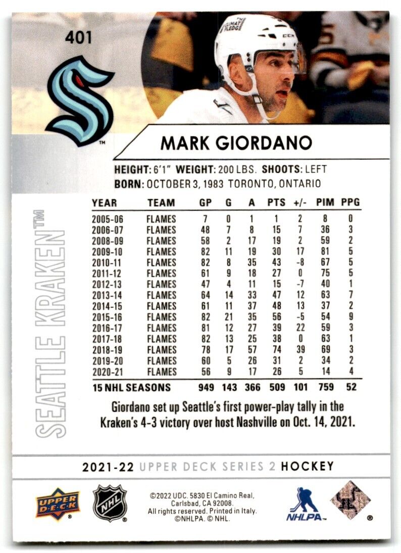 2021-22 Upper Deck Mark Giordano Seattle Kraken #401