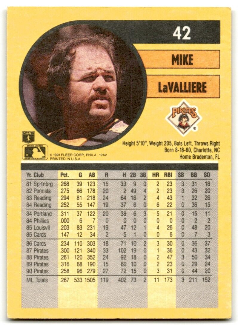 1991 Fleer Mike LaValliere Pittsburgh Pirates #42