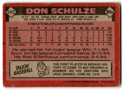 1986 Topps Don Schulze Cleveland Indians #542