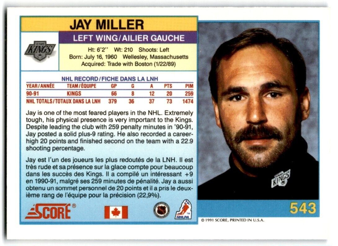 1991-92 Score Canadian Jay Miller Los Angeles Kings #543