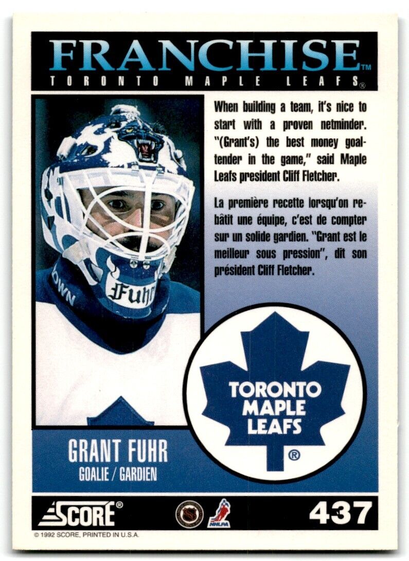 1992-93 Score Grant Fuhr Toronto Maple Leafs #437