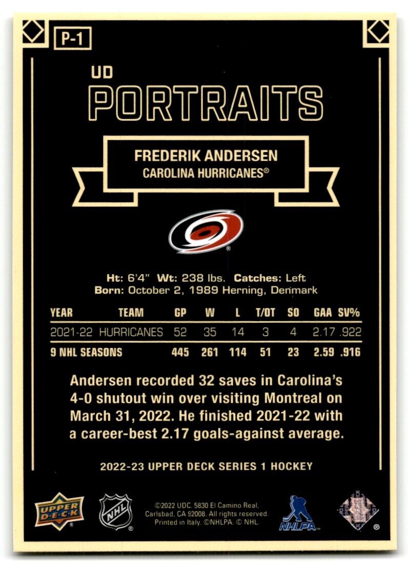 2022-23 Upper Deck UD Portraits Frederik Andersen Carolina Hurricanes #P-1