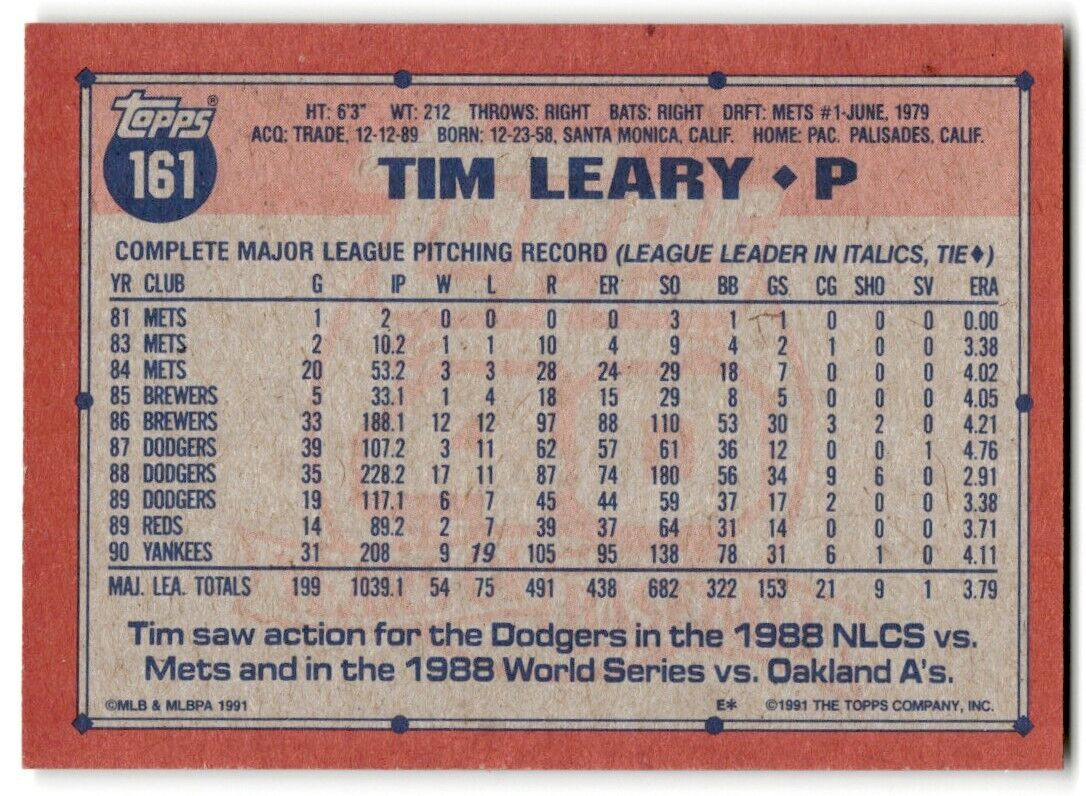 1991 Topps Tim Leary New York Yankees #161