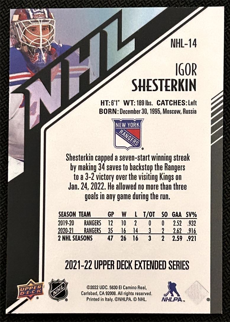 2021-22 Upper Deck HoloGrFx NHL Igor Shesterkin New York Rangers #NHL-14