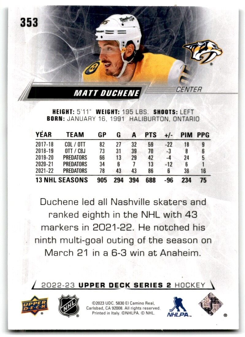 2022-23 Upper Deck Matt Duchene Nashville Predators #353