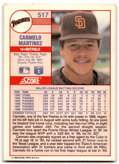 1989 Score Carmelo Martinez San Diego Padres #517