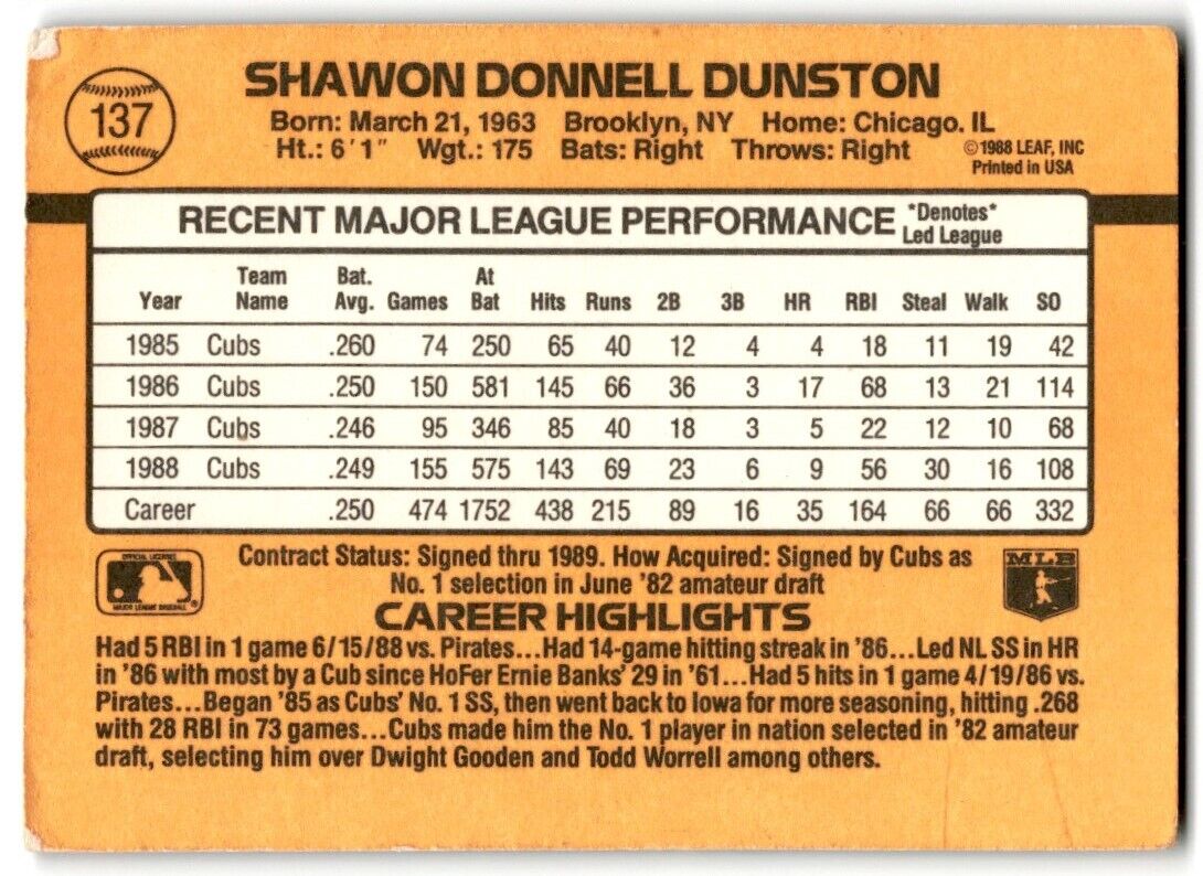 1989 Donruss Shawon Dunston Chicago Cubs #137