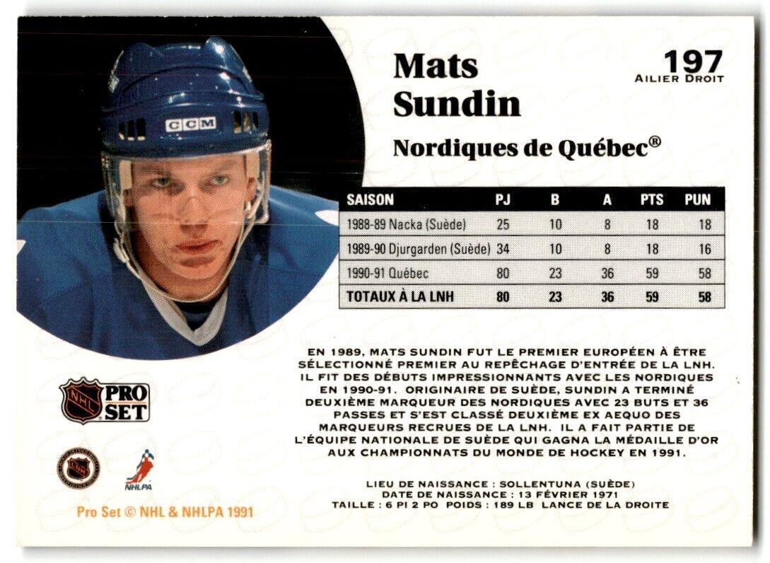 1991-92 Pro Set Mats Sundin Quebec Nordiques #197