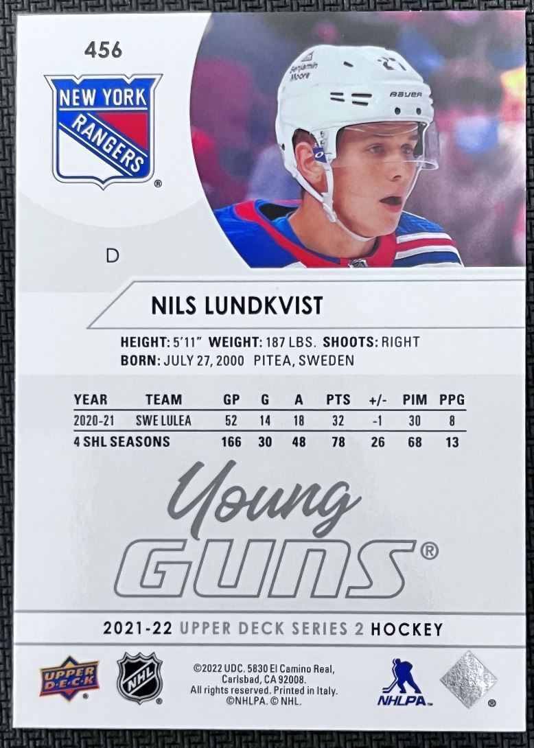 2021-22 Upper Deck Nils Lundkvist Rookie New York Rangers #456