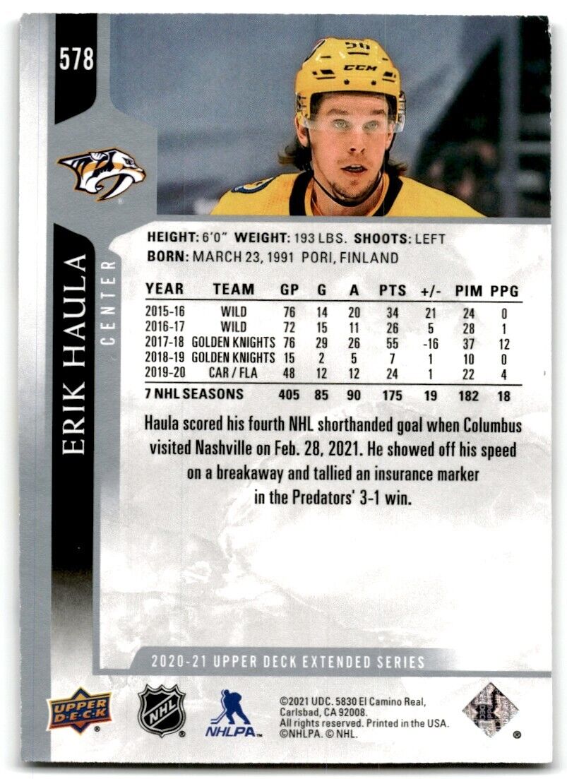 2020-21 Upper Deck Erik Haula Nashville Predators #578