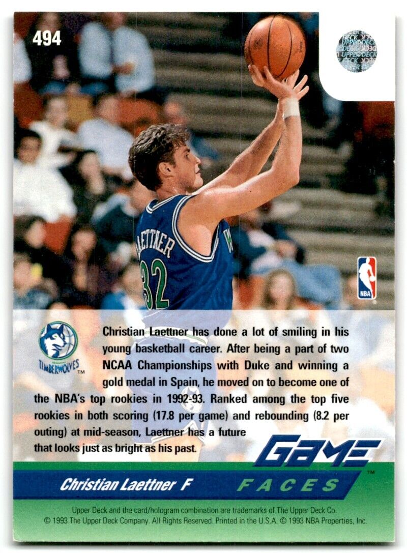 1992-93 Upper Deck Christian Laettner Minnesota Timberwolves #494