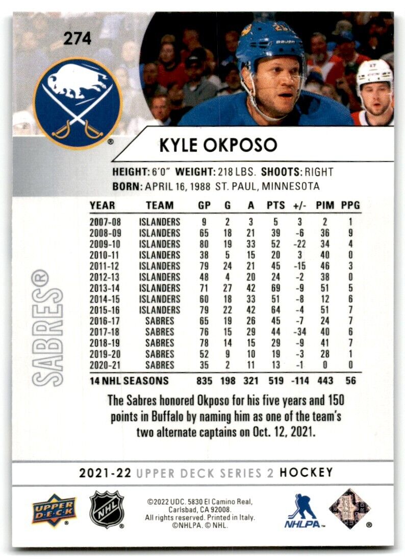 2021-22 Upper Deck Kyle Okposo Buffalo Sabres #274