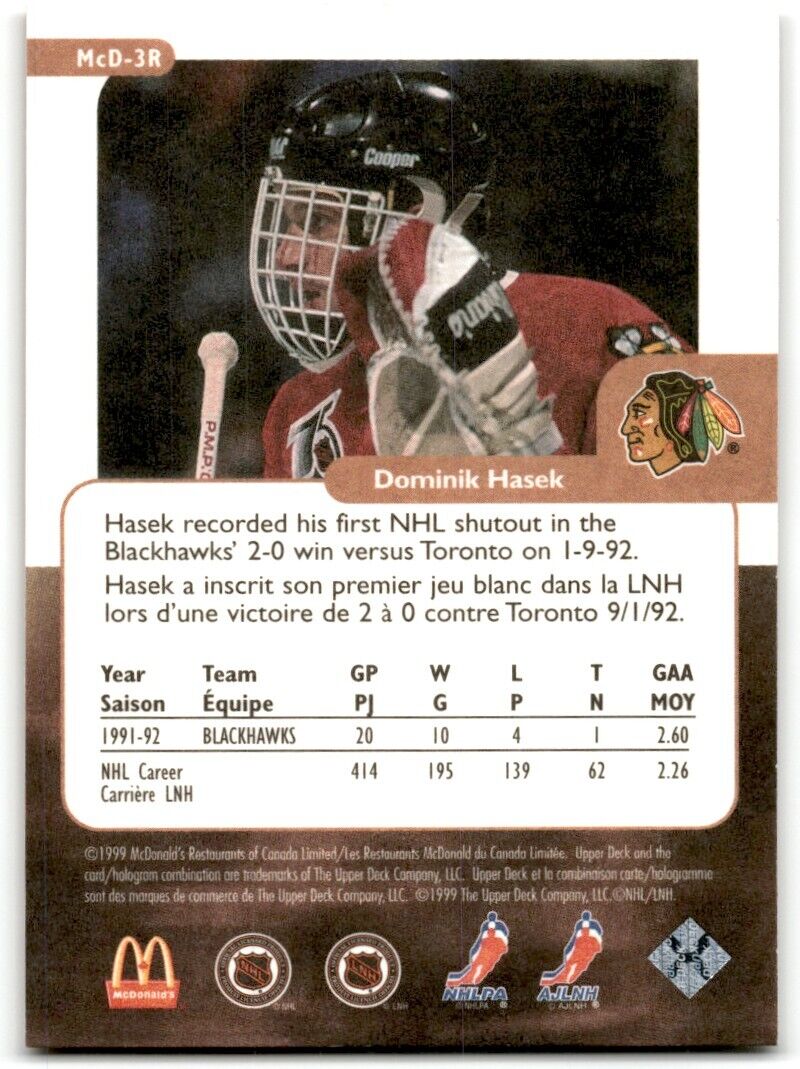 1999-00 Upper Deck Retro McDonald's Dominik Hasek Chicago Blackhawks #MCD-3R