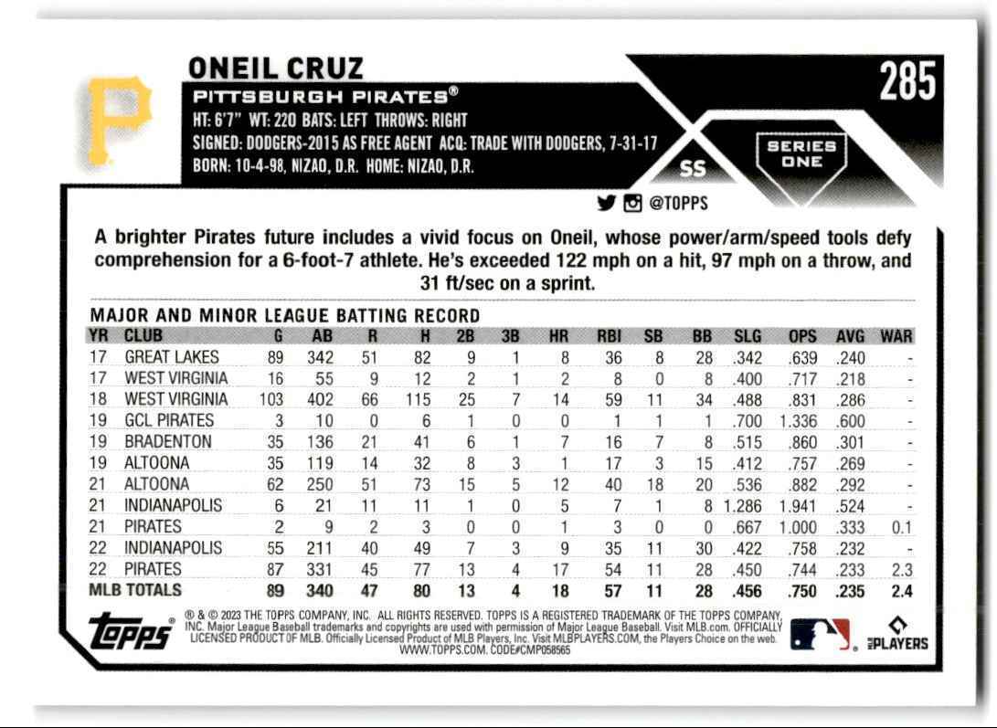 2023 Topps Oneil Cruz Pittsburgh Pirates #285