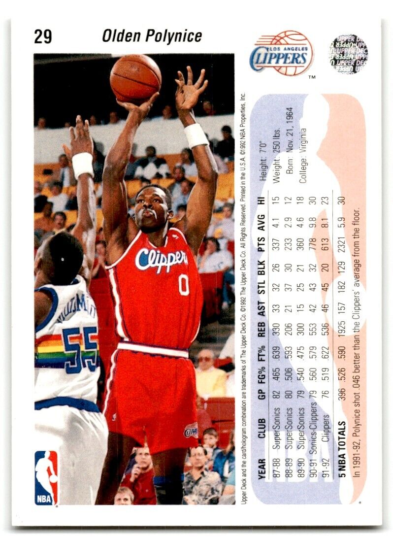 1992-93 Upper Deck Olden Polynice Los Angeles Clippers #29