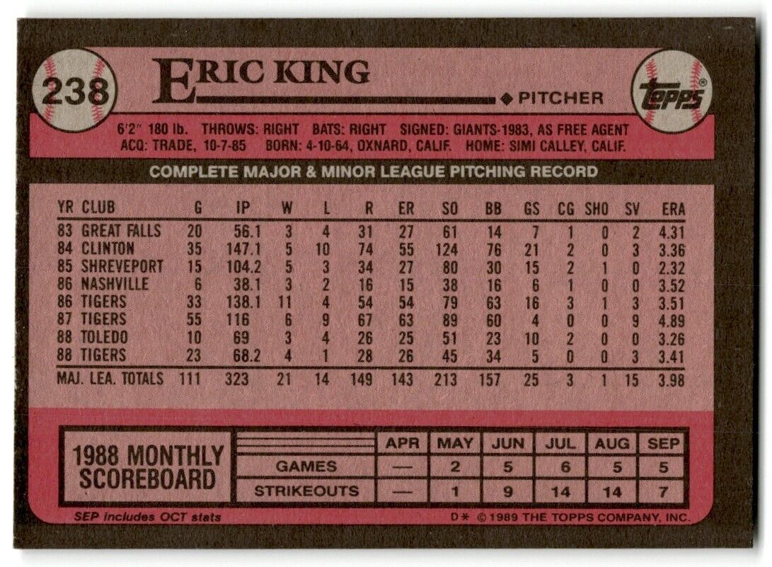 1989 Topps Eric King Detroit Tigers #238