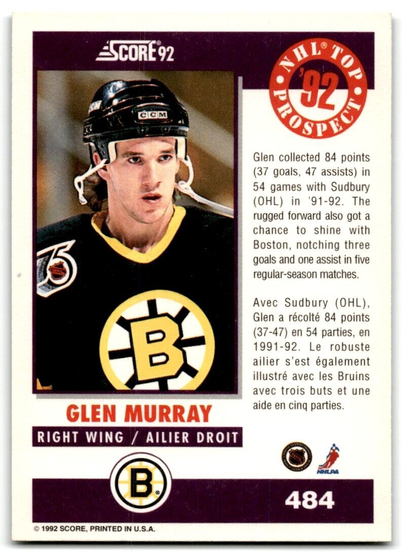 1992-93 Score Glen Murray Boston Bruins #484