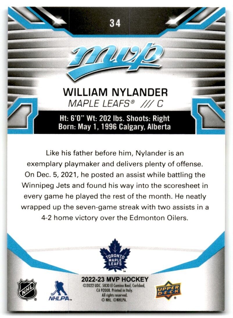 2022-23 Upper Deck MVP William Nylander Toronto Maple Leafs #34