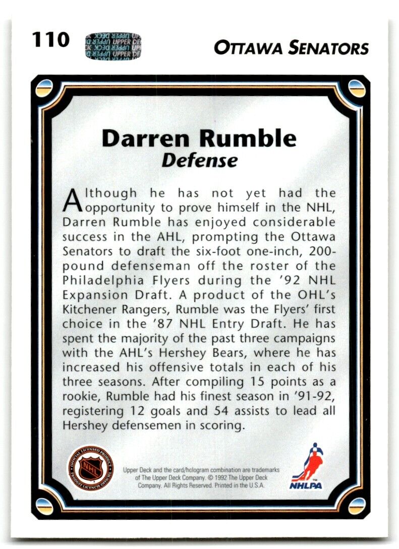 1992-93 Upper Deck Darren Rumble Rookie Ottawa Senators #110