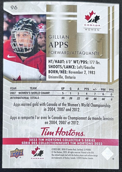 2023-24 Upper Deck Tim Hortons Legends Tim Horton Gillian Apps Team Canada #96