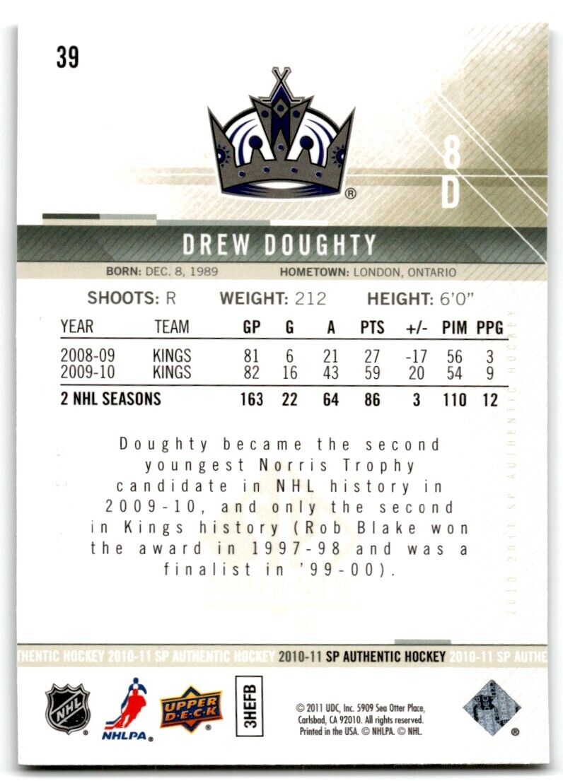 2010-11 SP Authentic Drew Doughty Los Angeles Kings #39