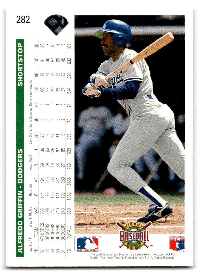 1992 Upper Deck Alfredo Griffin Los Angeles Dodgers #282