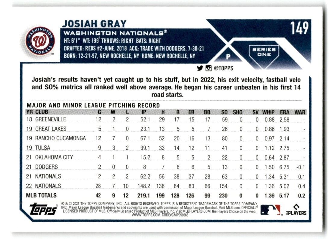 2023 Topps Josiah Gray Washington Nationals #149