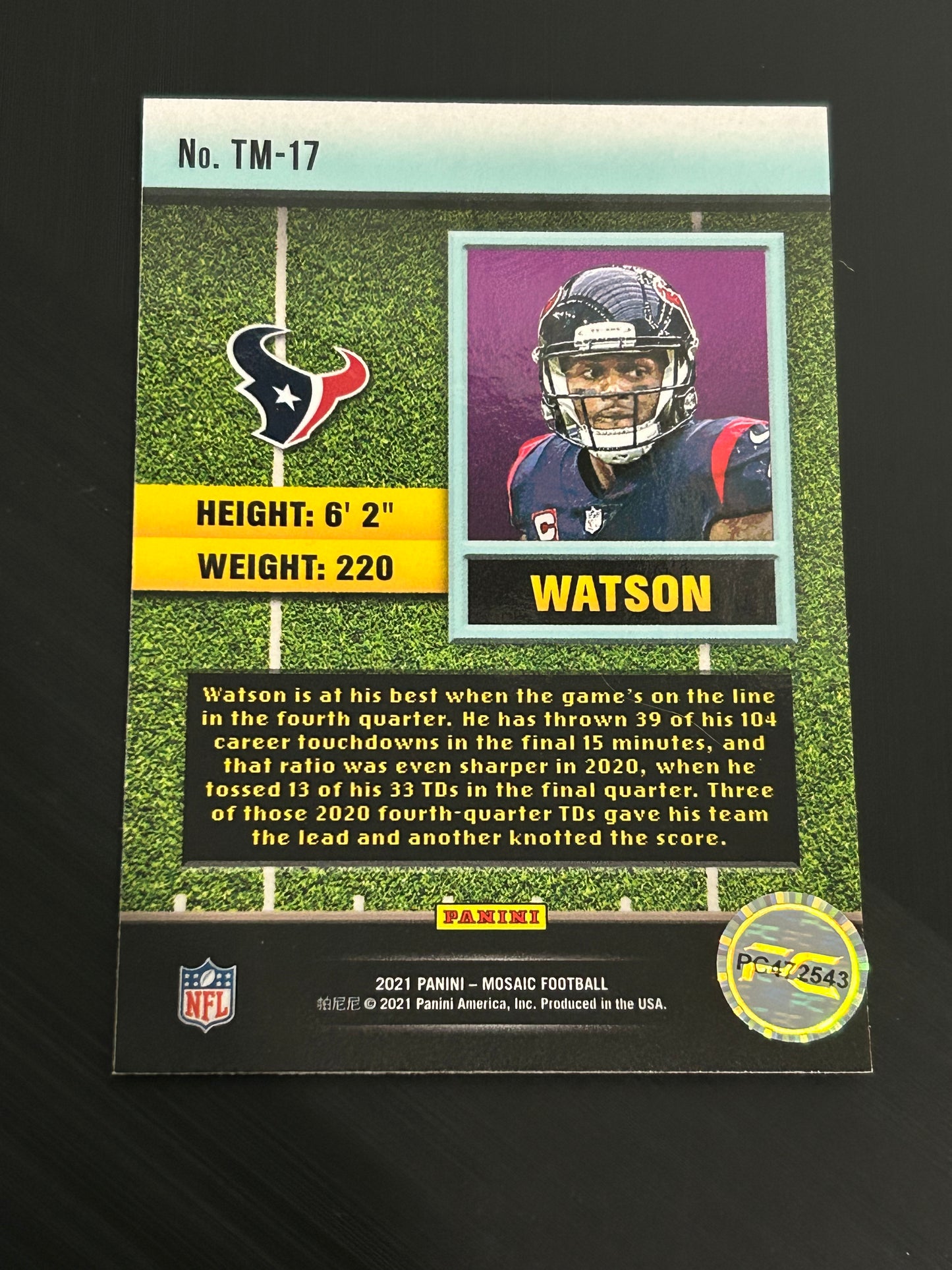 2021 Deshaun Watson Panini Mosaic Touchdown Masters #TM-17 AUTO COA