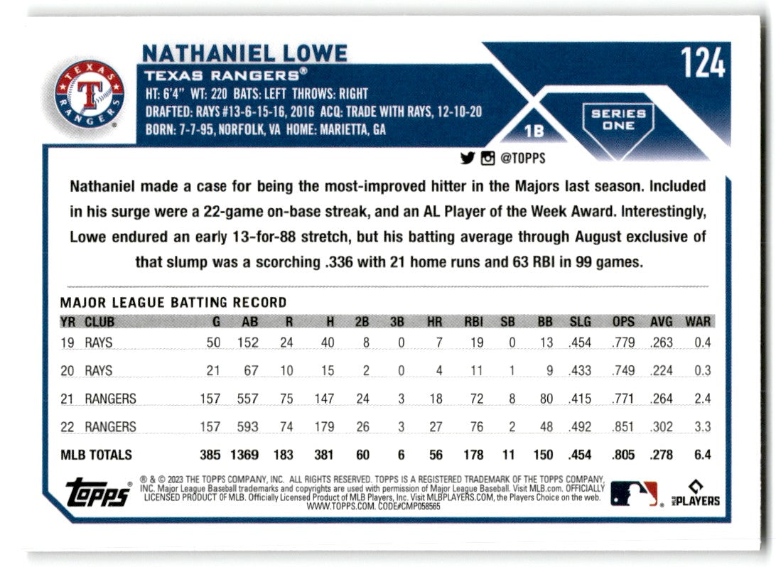 2023 Topps Nathaniel Lowe Texas Rangers #124